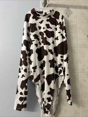 Cow-Print Brown & White Turtleneck Sweater Bodysuit